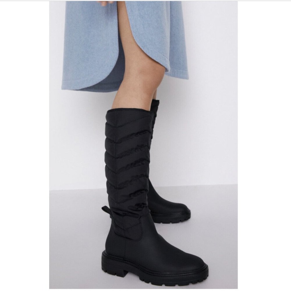 Zara Boots Tall Quilted Black Low Heel